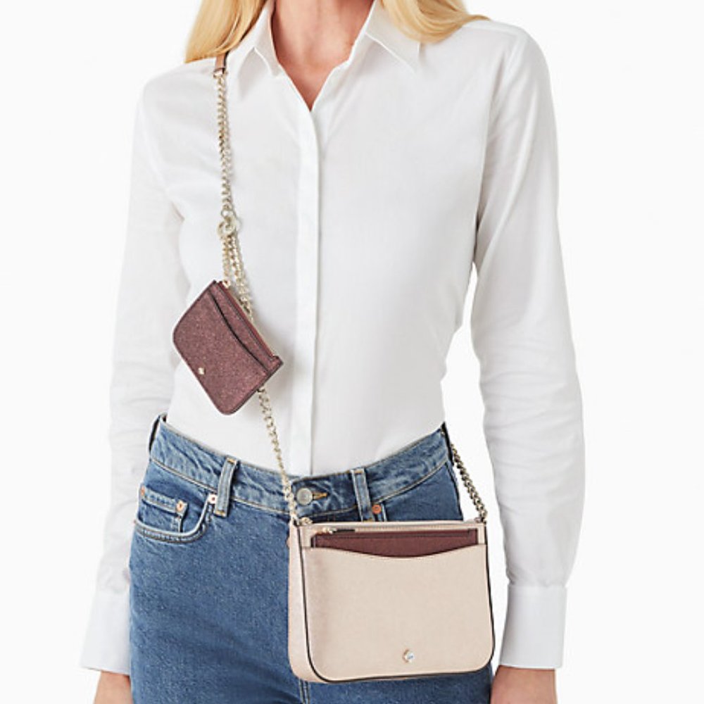 kate spade new york shimmy glitter chained triple crossbody/pouch 3 in 1 set